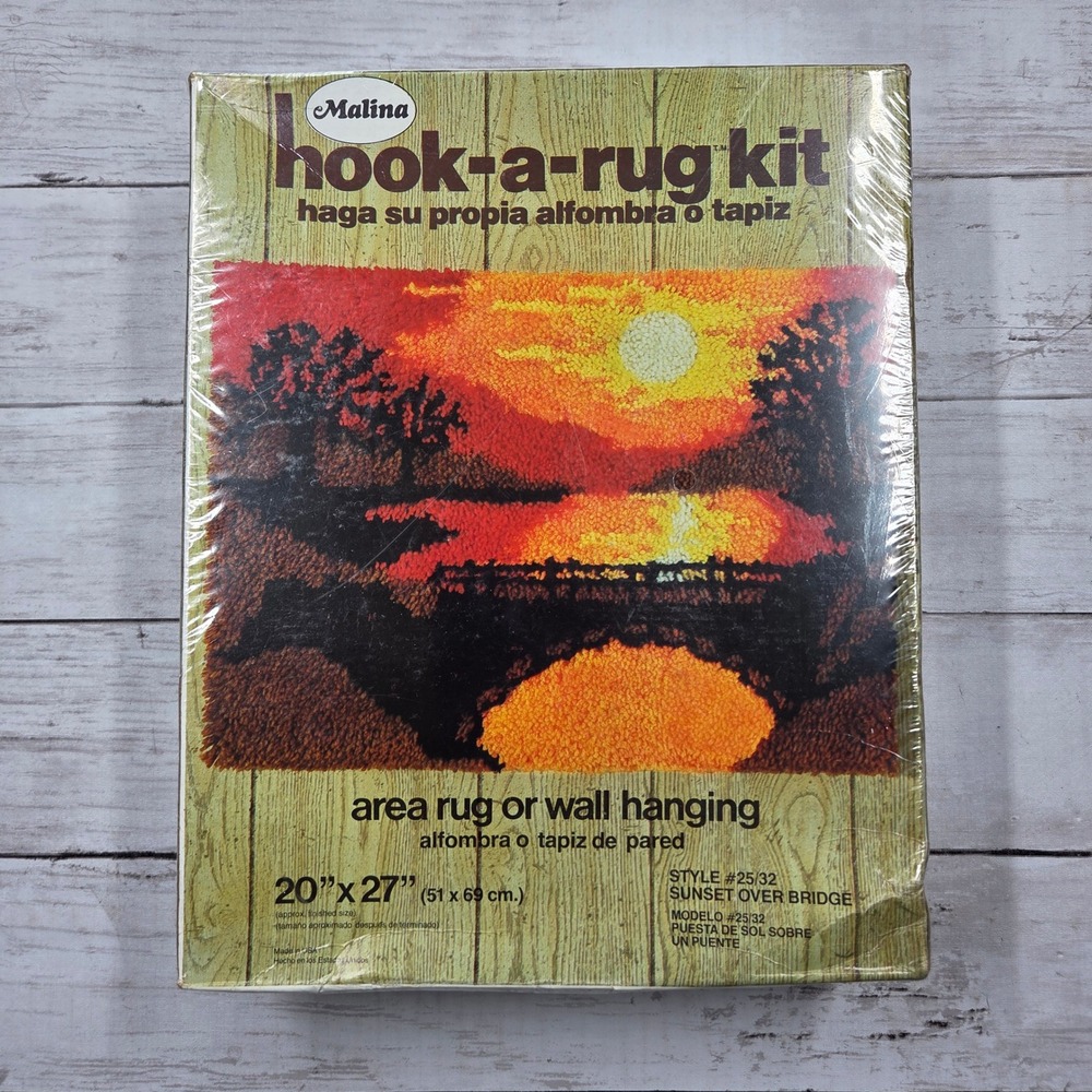 Malina Sunset Over Bridge Latch Hook Rug Kit Vintage 20x27 Orange Landscape DIY